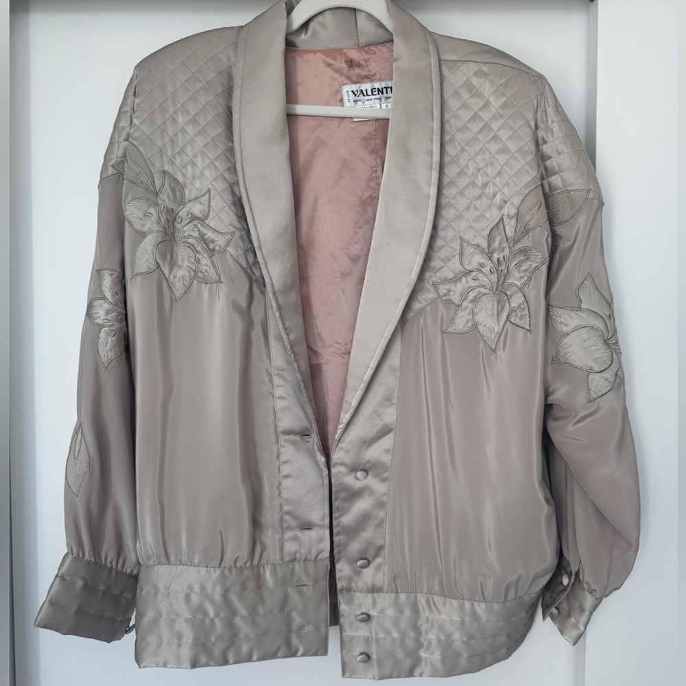 Vintage Valenti Tan Lightweight Bomber Jacket with Embroidered Detailing